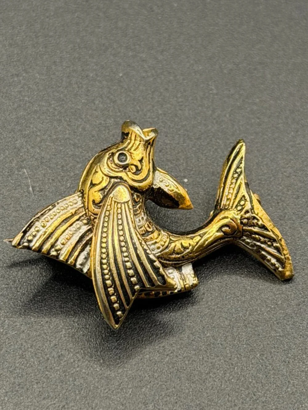 Set Of 2 Damascene Made in Spain Brooch Pins Flower Flying Fish Gold Black White